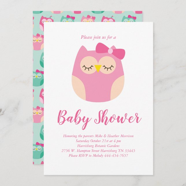 Cute Owl Baby Shower Pink Bird Girl Invitation (Front/Back)