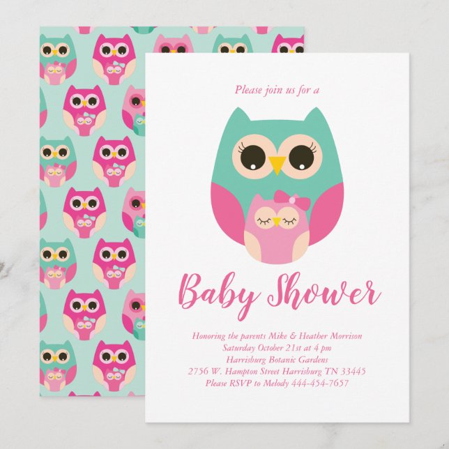 Cute Owl Baby Shower Pink Bird Girl Invitation (Front/Back)