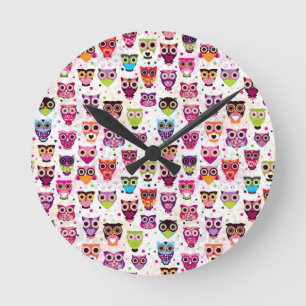 Cute owl background pattern for kids round clock