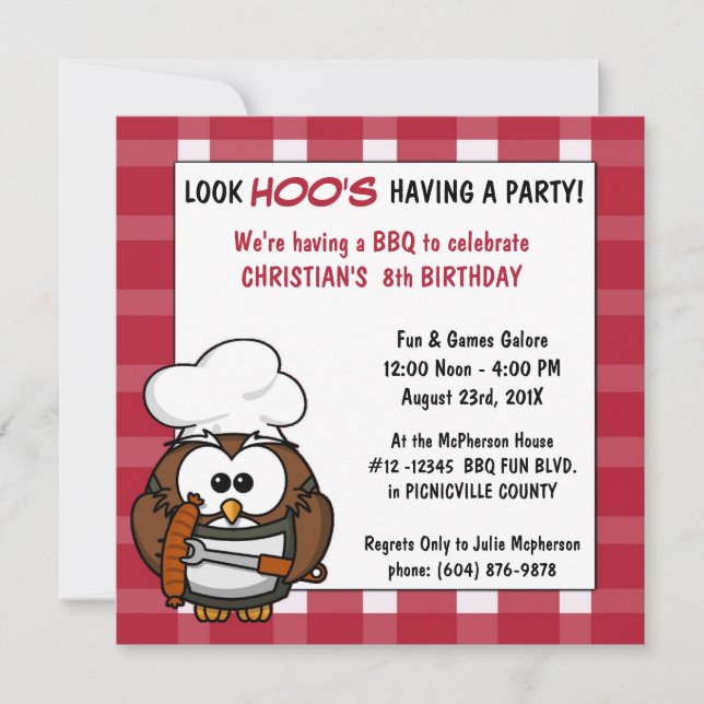 Cute Owl Barbecue Picnic Birthday Party Invitation (Front)