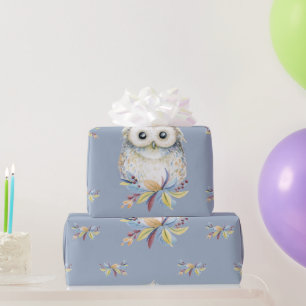 Cute Owl beige and blue grey background Wrapping Paper