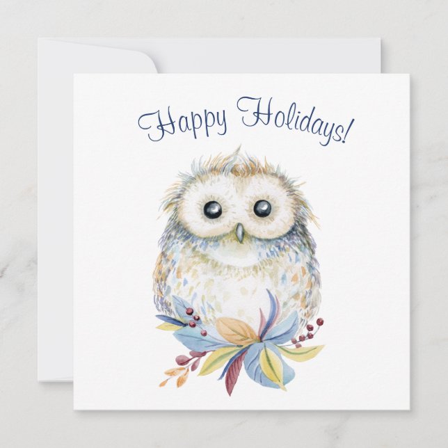 Cute Owl beige and blue watercolor Holiday Card (Front)