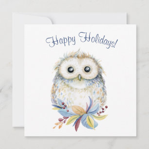 Cute Owl beige and blue watercolor Holiday Card