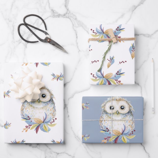 Cute Owl beige and blue watercolor Wrapping Paper Sheet (Front)