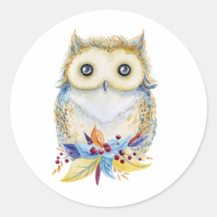 Cute Owl beige & blue watercolor Classic Round Sticker