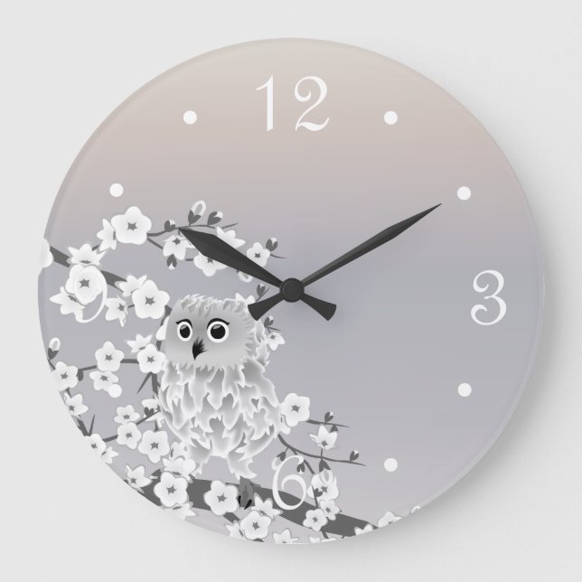 Cute Owl Beige Neutral Numbers Large Clock (Front)