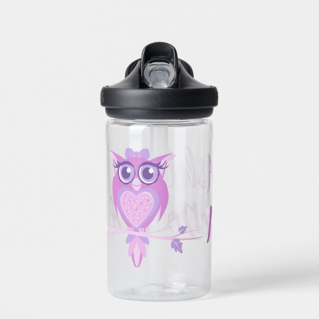 Cute owl bird graphic purple mauve kids water bottle (Front)