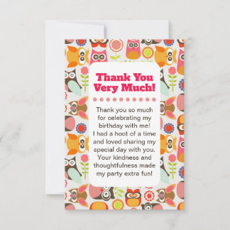 Cute Owl Birthday Thank you card
