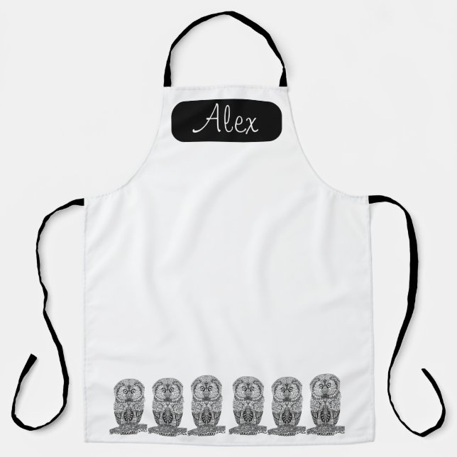 Cute owl black and white personalised name apron (Front)