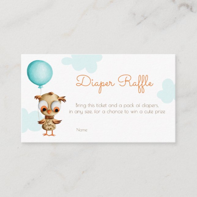 Cute Owl Blue Baby Shower Diaper Raffle Enclosure Card (Front)