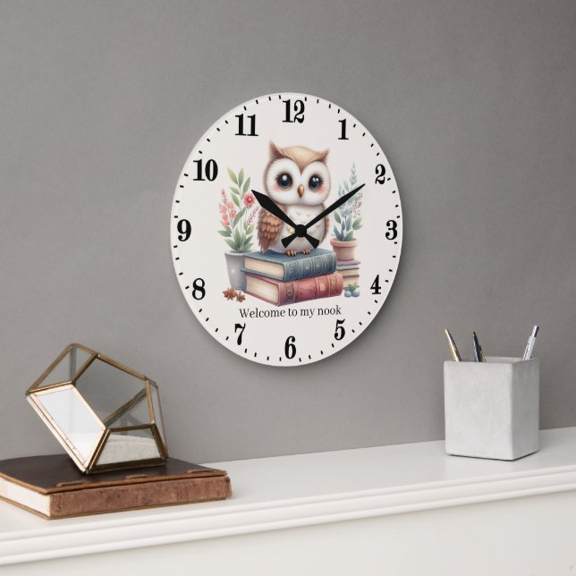 Cute owl book nook welcome add text reading large clock (Office)