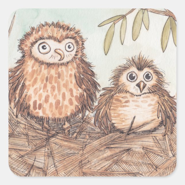 Cute Owl Brothers Square Sticker (Front)