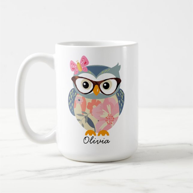 Cute Owl Butterfly Floral Coffee Mug (Left)