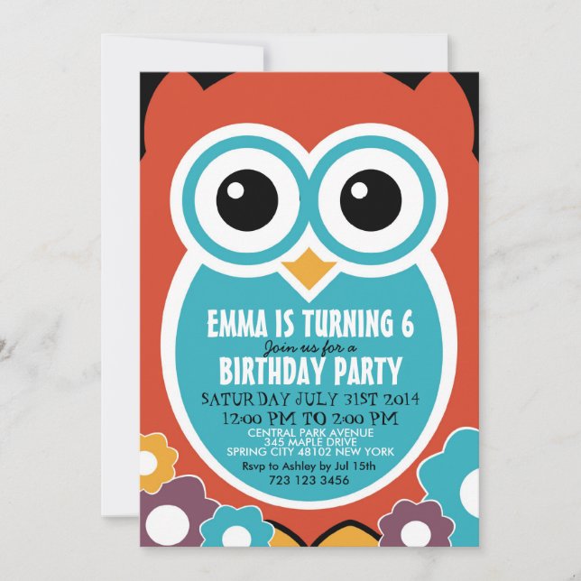 Cute Owl Cartoon Birthday Invitation Card for Kids (Front)