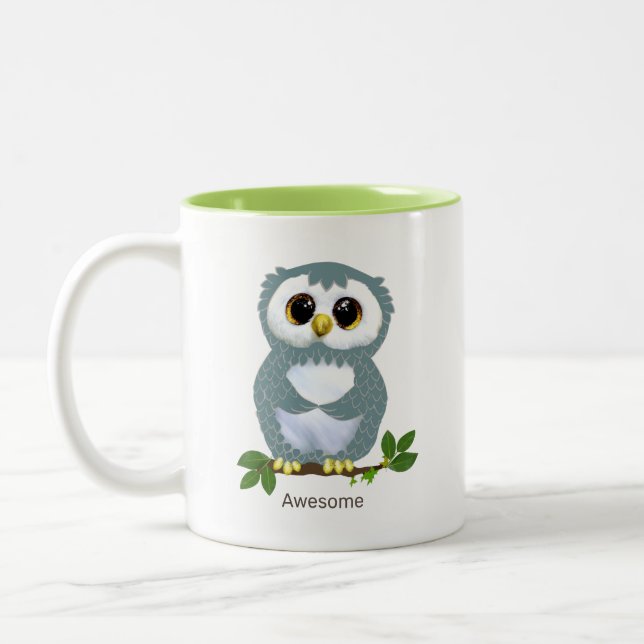 Cute Owl Cartoon, Laurel Leaves & Calligraphy Two-Tone Coffee Mug (Left)