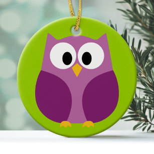 Cute Owl Cartoon - purple and green Ceramic Tree Decoration