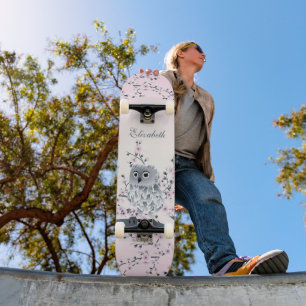 Cute Owl Cherry Blossom Pink Add Name Skateboard
