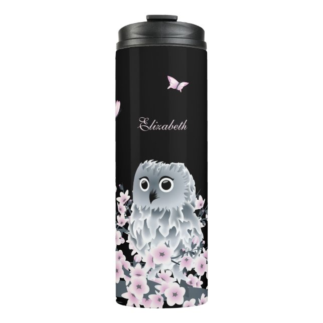 Cute Owl Cherry Blossom Pink Black  Thermal Tumbler (Front)