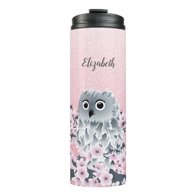 Cute Owl Cherry Blossom Pink Glitter Thermal Tumbler (Front)
