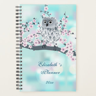 Cute Owl Cherry Blossom Pink Turquoise Add Name  Planner