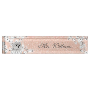 Cute Owl Cherry Blossom Rose Gold Glitter Teacher  Nameplate