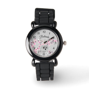 Cute Owl Cherry Blossom Silver Glitter Monogram Watch