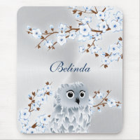 Cute Owl Cherry Blossom Silver White Monogram