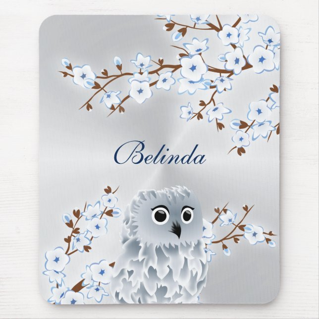 Cute Owl Cherry Blossom Silver White Monogram Mouse Mat (Front)