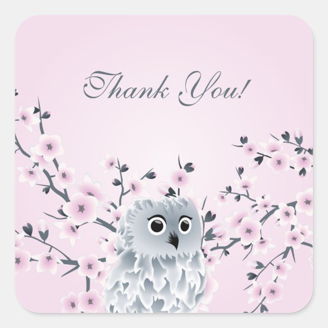 Cute Owl Cherry Blossom Thank You Square Sticker (Front)