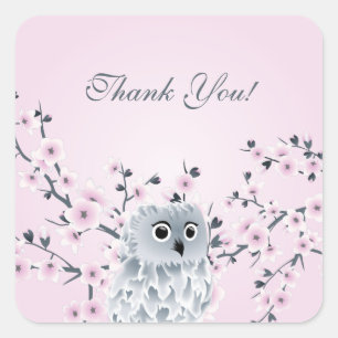 Cute Owl Cherry Blossom Thank You Square Sticker