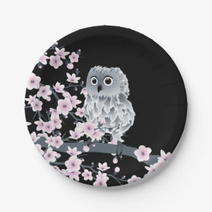 Cute Owl Cherry Blossoms Black Pink Paper Plate