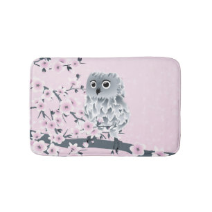 Cute Owl Cherry Blossoms   Pink Girly Bath Mat