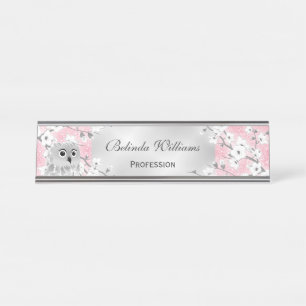 Cute Owl Cherry Blossoms Pink Glitter Silver Desk Name Plate