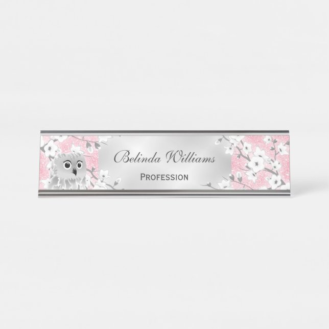 Cute Owl Cherry Blossoms Pink Glitter Silver Desk Name Plate (Front)