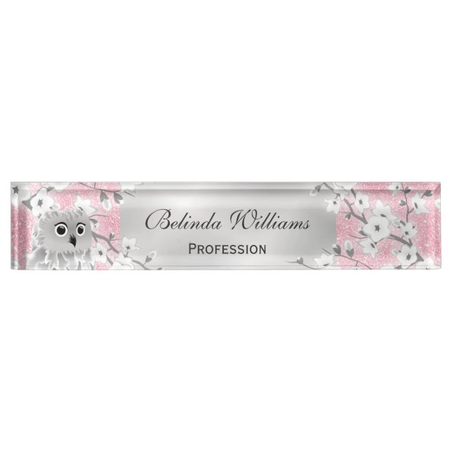 Cute Owl Cherry Blossoms Pink Glitter Silver Nameplate (Front)