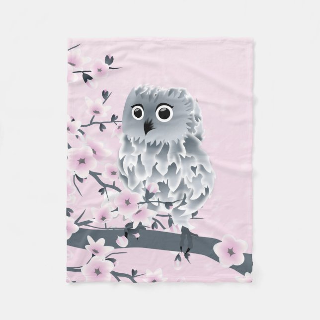 Cute Owl Cherry Blossoms Pink Grey Floral Fleece Blanket (Front)