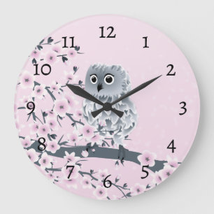 Cute Owl Cherry Blossoms Pink Numbers Large Clock