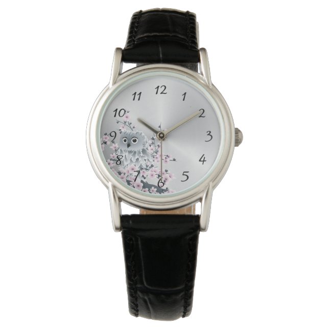 Cute Owl Cherry Blossoms Pink Numbers Watch (Front)