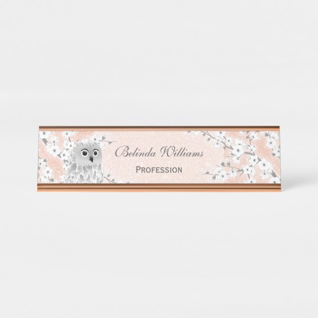Cute Owl Cherry Blossoms Rose Gold Glitter Desk Name Plate (Front)