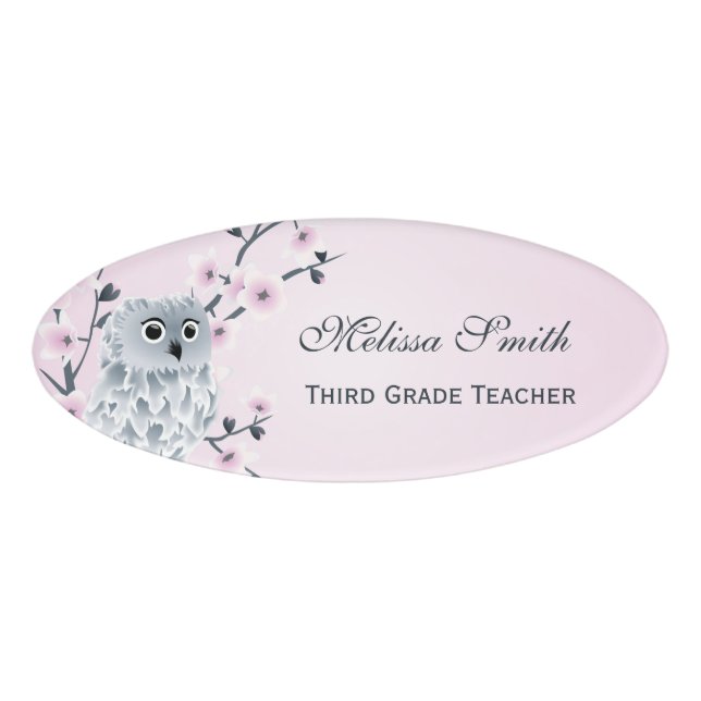 Cute Owl Cherry Blossoms Teacher Name Tag (Front)