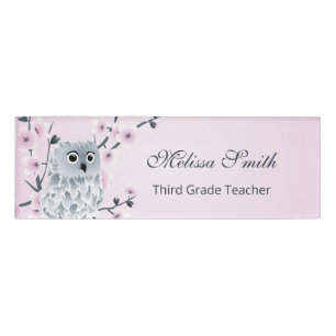 Cute Owl Cherry Blossoms Teacher Name Tag