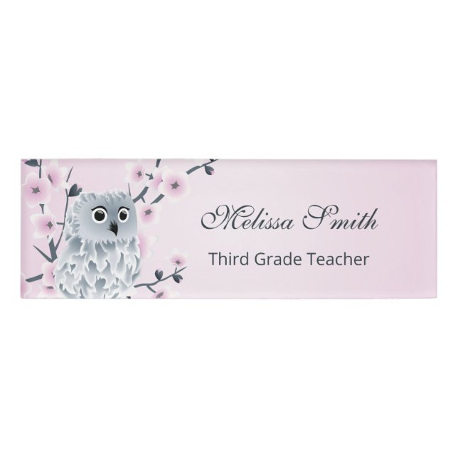 Cute Owl Cherry Blossoms Teacher Name Tag (Front)