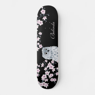 Cute Owl Cherry Pink Blossom Monogram Black Girly Skateboard