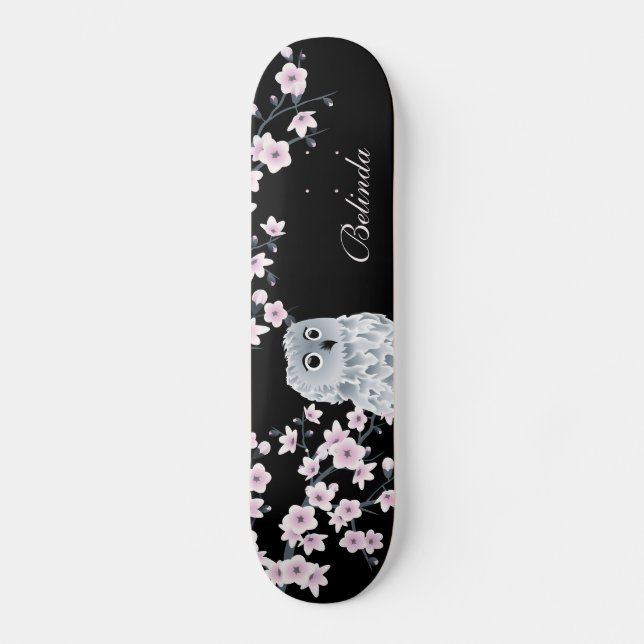 Cute Owl Cherry Pink Blossom Monogram Black Girly Skateboard (Front)