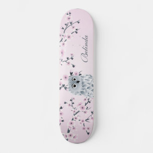 Cute Owl Cherry Pink Blossom Monogram Girly Skateboard