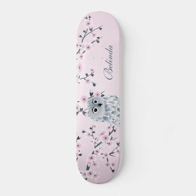 Cute Owl Cherry Pink Blossom Monogram Girly Skateboard (Front)
