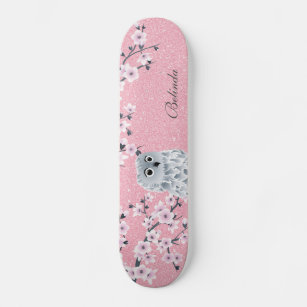 Cute Owl Cherry Pink Blossom Monogram Glitter Girl Skateboard