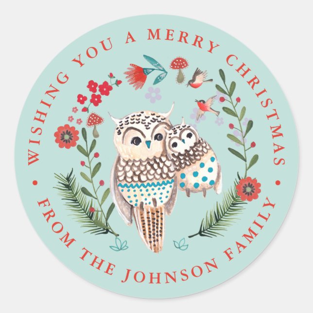 Cute Owl Christmas Holiday Name blue Classic Round Sticker (Front)