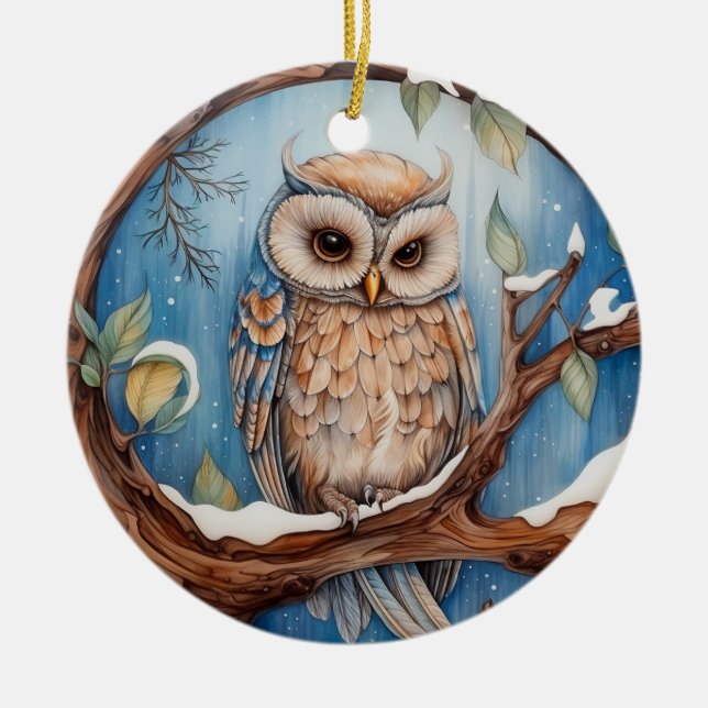 Cute Owl Christmas Personalised  Ceramic Tree Decoration (Front)