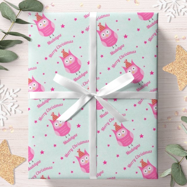 Cute Owl Christmas Pink Snow Stars Personalized Wrapping Paper (Creator Uploaded)